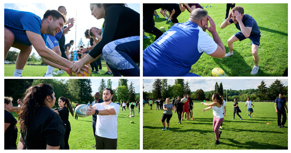 Collage d'images illustrant diverses activités sportives et de team building dans un cadre verdoyant